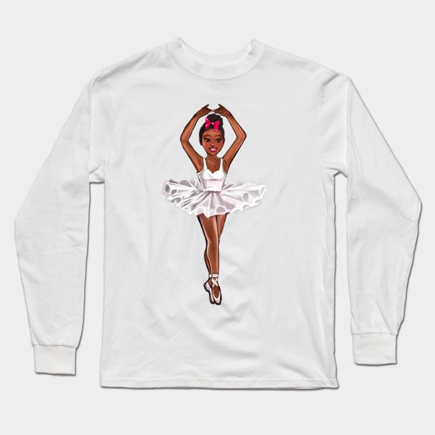 African American ballerina in white tutu and pink bow - brown skin ballerina Long Sleeve T-Shirt by Artonmytee